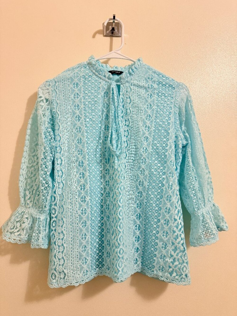 Aqua Blue Lace Blouse Size M | Romantic Bell Sleeve Top